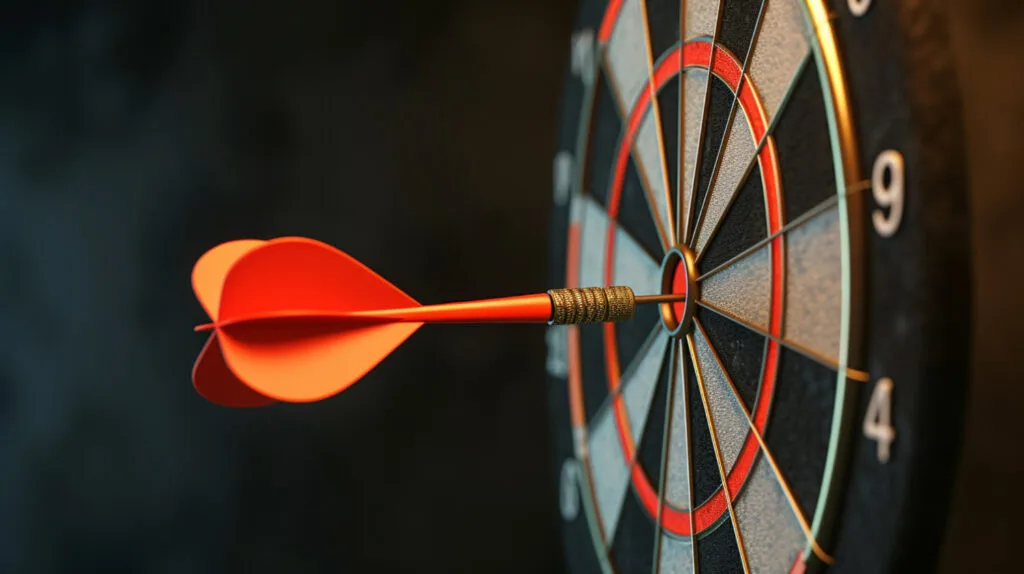 An orange dart hitting the exact center of a bullseye on a dartboard, symbolizing precision, target achievement, and accuracy. This conceptual visual highlights the targeted focus required for students enrolled in the top Chemistry classes in Dwarka, Gurugram & Delhi NCR. The close-up shot captures the dart perfectly embedded in the red inner ring against a moody, dark background, serving as a metaphor for hitting academic goals in competitive exams. Designed as a motivational graphic for expert chemistry classes for JEE & NEET in Dwarka, Janakpuri, Gurugram & Delhi NCR, it reflects the meticulous preparation style offered by Premium Chemistry classes in Janakpuri, Gurugram and Delhi NCR.