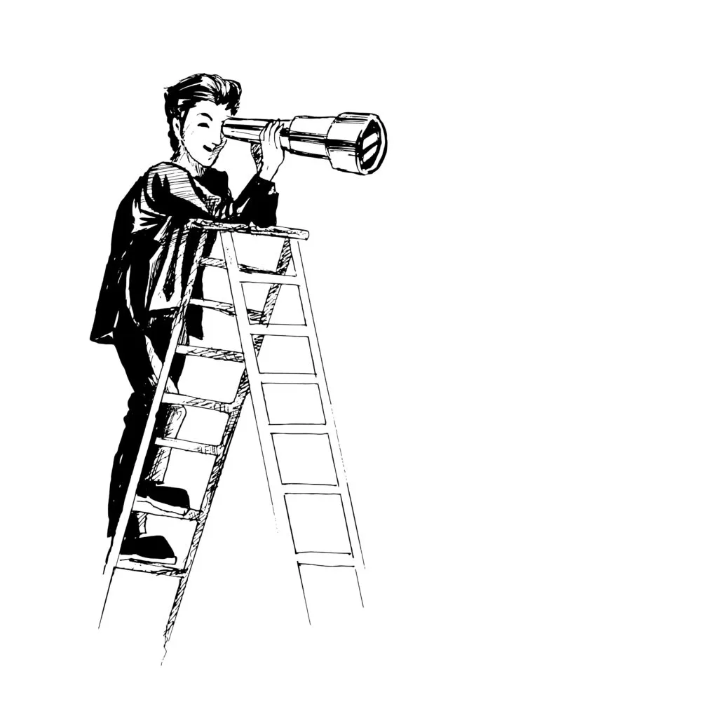 A black and white line art illustration of a man standing on an A-frame stepladder looking forward through a handheld telescope, symbolizing future vision, academic career planning, and strategic foresight. This conceptual graphic illustrates the visionary outlook provided to students enrolled in the top Chemistry classes in Dwarka, Gurugram & Delhi NCR. The sketch depicts the professional figure leaning on the best rungs of the ladder to scan the horizon, serving as a metaphor for discovering long-term education goals. Designed as an exploratory asset for expert chemistry classes for JEE & NEET in Dwarka, Janakpuri, Gurugram & Delhi NCR, it reflects the strategic academic guidance offered by best Chemistry classes in Janakpuri, Gurugram and Delhi NCR.