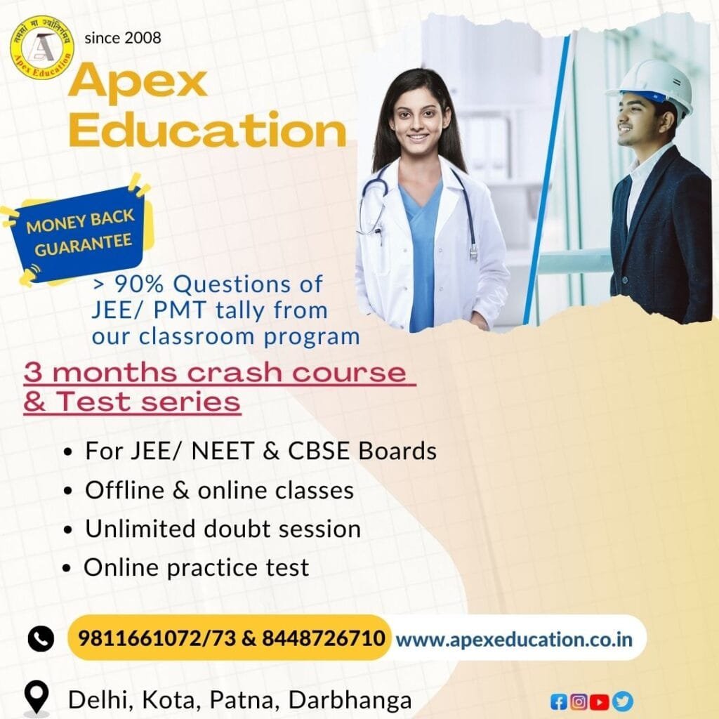 A promotional poster for Apex Education’s "Chemistry Classes." The top left features the Apex Education circular logo with the text "since 2008." The main headings read "Chemistry Classes" in blue and "3 months crash course & Test series" underlined in red. On the right side, there are images of a smiling female doctor or medical student in a lab coat and a male student in a blazer and hard hat. A blue tag on the left states "MONEY BACK GUARANTEE." A text line reads "> 90% Questions of JEE/ PMT tally from our classroom program." Key bullet points highlight features: "For JEE/ NEET & CBSE Boards", "Offline & online classes", "Unlimited doubt session", and "Online practice test." The bottom bar contains contact numbers "9811661072/73 & 8448726710", website "www.apexeducation.co.in", locations including "Delhi, Kota, Patna, Darbhanga", and social media icons.Let
