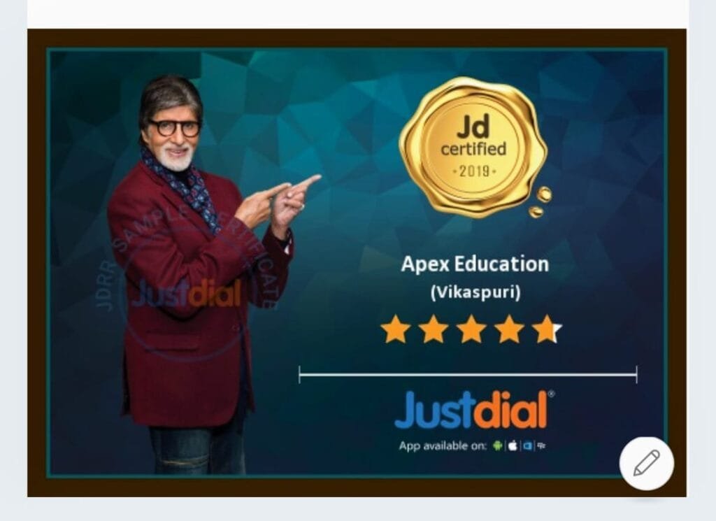 A Justdial trust certificate and local search ranking badge for Apex Education in Vikaspuri. The digital banner features a prominent 2019 gold medal badge reading "Jd certified 2019" alongside a five-star user rating, establishing its credibility as a highly recommended institute for the top Chemistry classes in Dwarka, Gurugram & Delhi NCR.The left side showcases actor Amitabh Bachchan pointing toward the brand name and the star rating layout. Designed to demonstrate local authority for expert chemistry classes for JEE & NEET in Dwarka, Janakpuri, Gurugram & Delhi NCR, the graphic has a geometric dark teal background and displays the official blue Justdial logo with app download badges. This certified review card serves as verified proof of trust for top Chemistry classes in Janakpuri, Gurugram and Delhi NCR.
