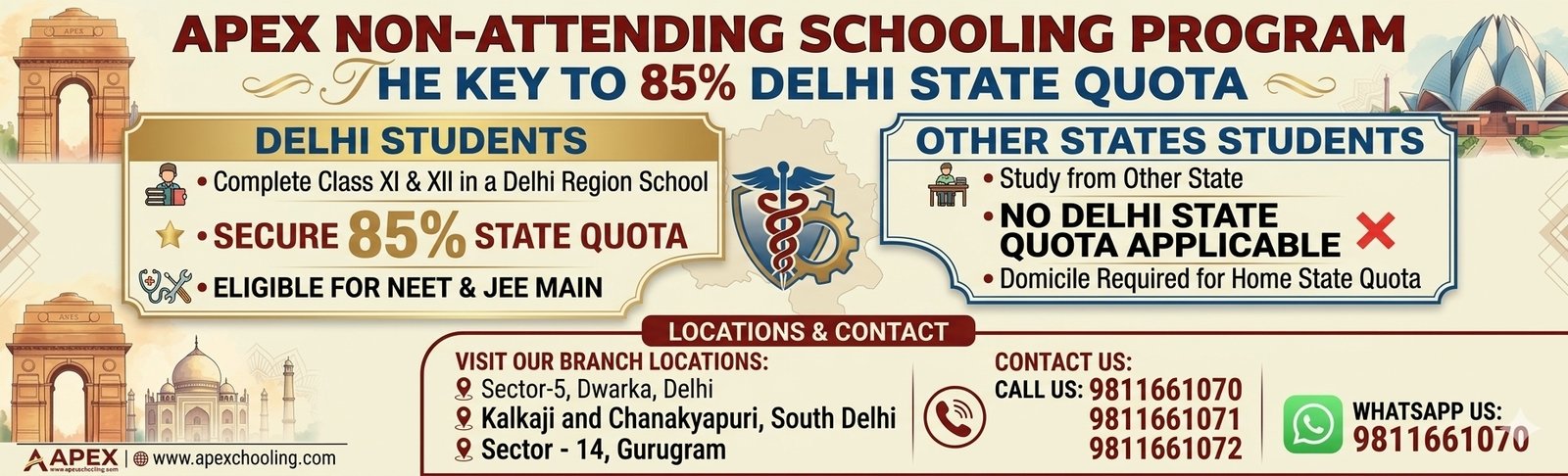 Banner for Apex Non-Attending Schooling Program in Dwarka, Gurugram, Kalkaji, and Chanakyapuri, explaining how completing Class 11 and 12 in Delhi schools secures the 85% Delhi State Quota for competitive exams like NEET-UG and IIT-JEE Main.