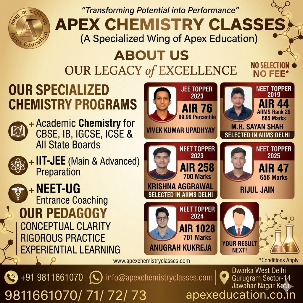 Advertisement flyer for Apex Chemistry Classes offering specialized chemistry programs for IIT-JEE Main and Advanced, NEET-UG, and school boards like CBSE, ICSE, IB, and IGCSE in Dwarka, Gurugram, and across Delhi NCR.