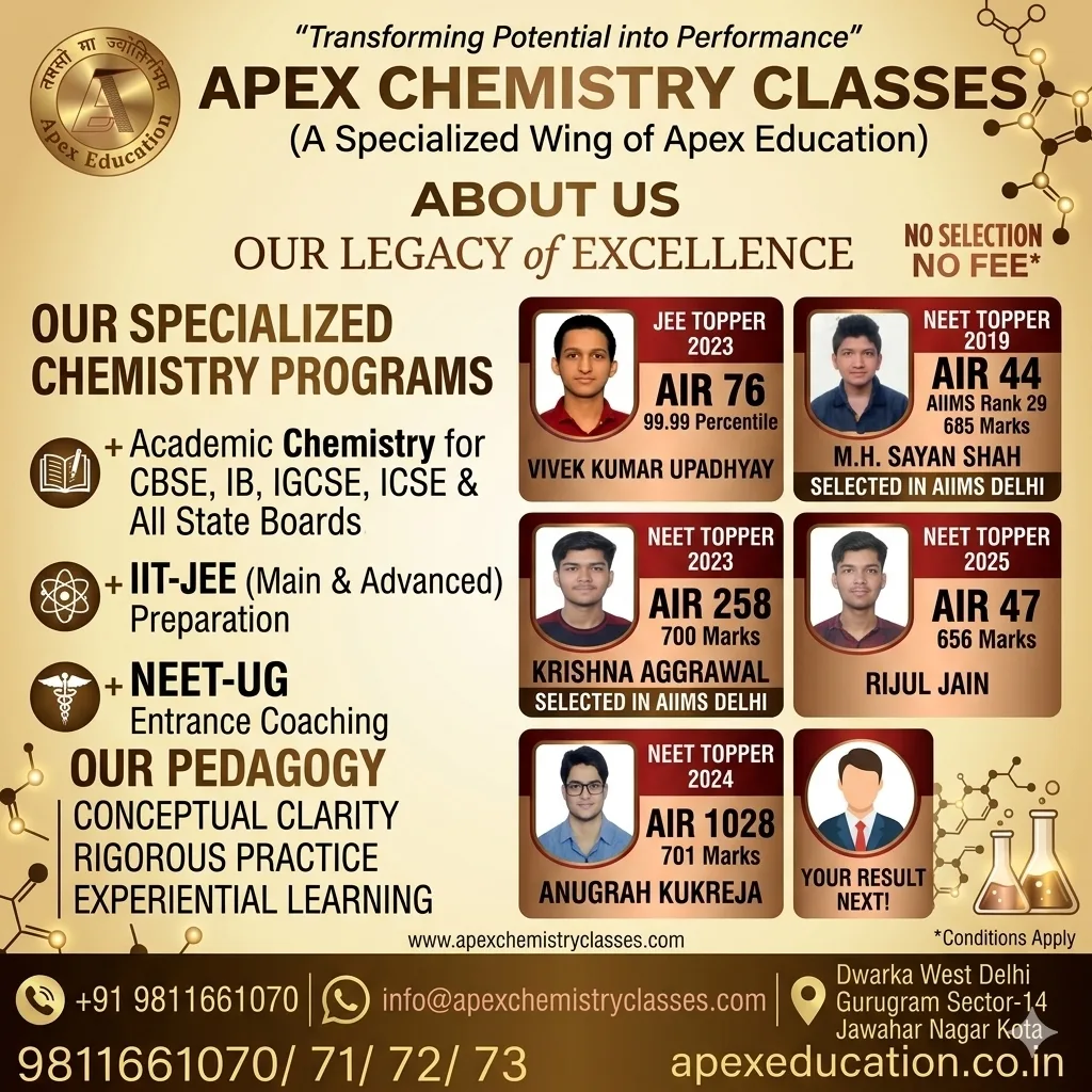 Advertisement flyer for Apex Chemistry Classes offering specialized chemistry programs for IIT-JEE Main and Advanced, NEET-UG, and school boards like CBSE, ICSE, IB, and IGCSE in Dwarka, Gurugram, and across Delhi NCR.