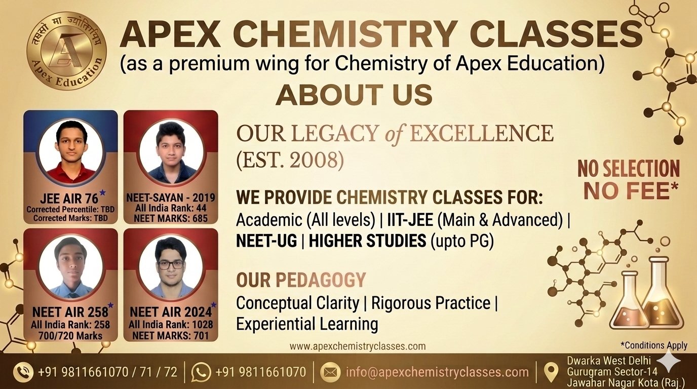 About Us informational banner for Apex Chemistry Classes, highlighting expert coaching for IIT-JEE Main and Advanced, NEET-UG entrance preparation, and school board academics in Dwarka, Gurugram, and the wider Delhi NCR region.