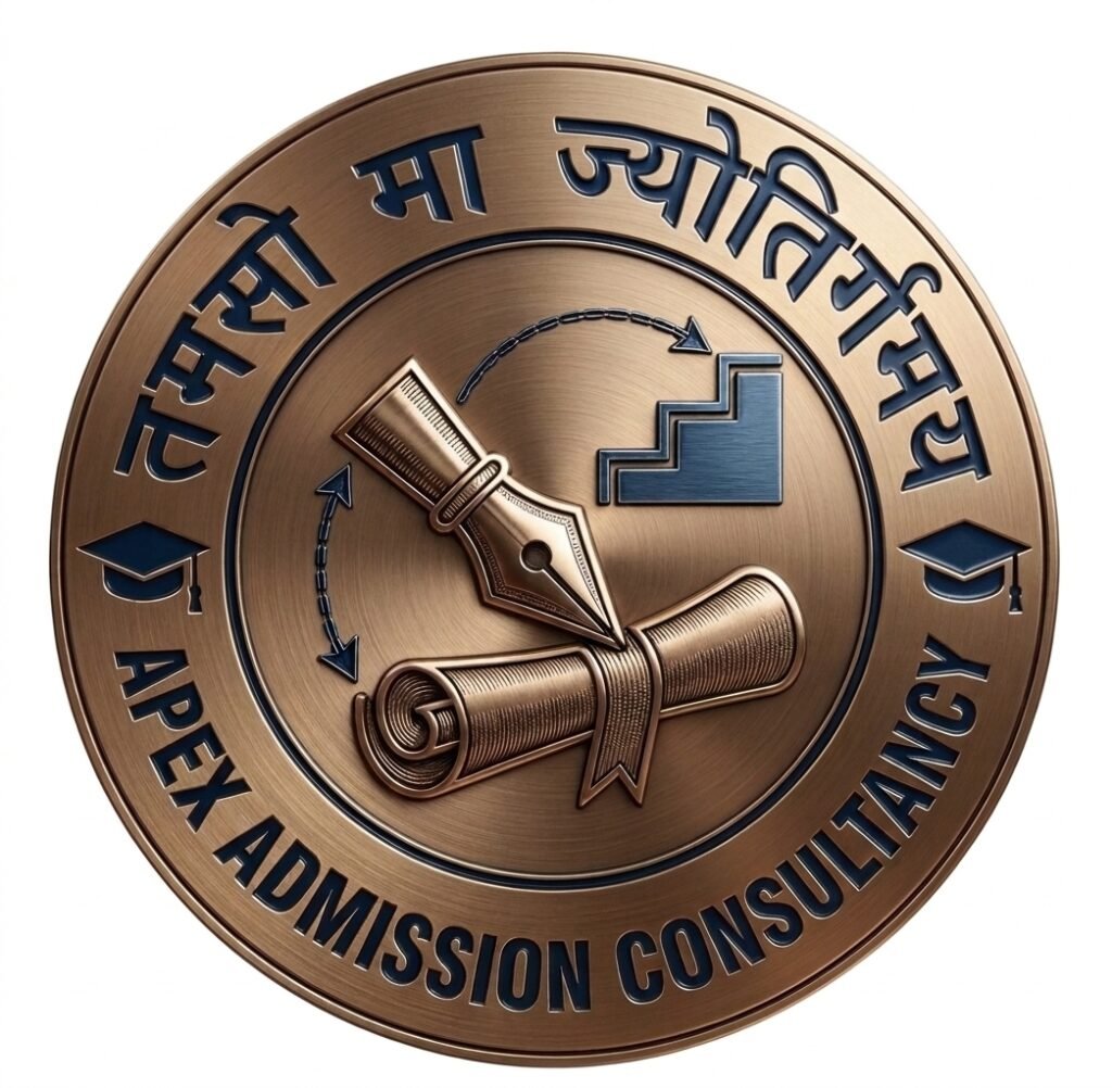 Professional 3D circular bronze logo for Apex Admission Consultancy facilitating non attending school admission and dummy school admission in Delhi, Patna, Kota, and Darbhanga India.